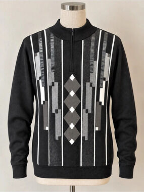 Men's Geometric Zip-Up Sweater in Black & Gray
